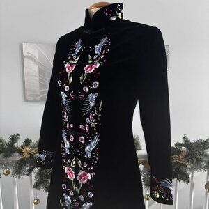 Embroidered Black Velvet Mandarin Collar Coat,  Size S-M